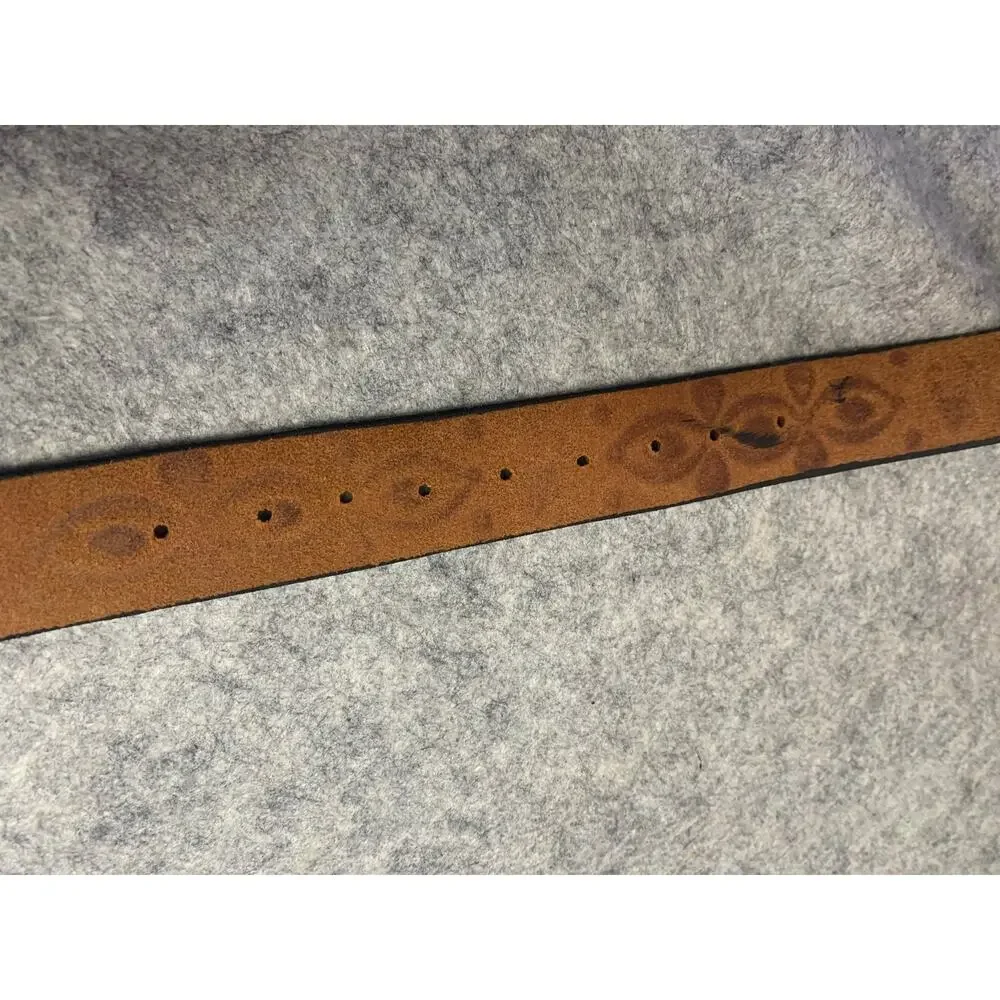 River Ridge Leather Belt, Maker Dennis Knight Tooled Brown Woodland Belt Sz 38